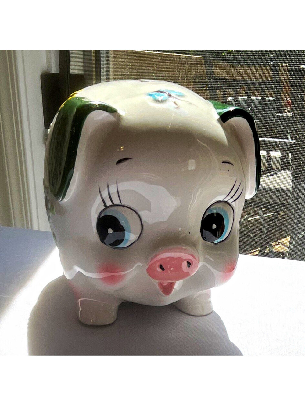 UCAGCO Ceramic Pig Piggy Bank White w/ Green Ears & Floral Decor